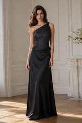 Black One-Shoulder Embellished Satin Evening Gown | Dress In Beauty