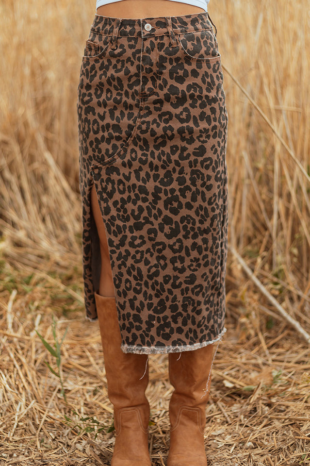 Leopard Denim Frayed Split Denim Midi Skirt | Dress In Beauty