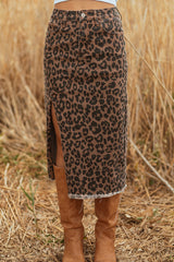 Leopard Denim Frayed Split Denim Midi Skirt | Dress In Beauty