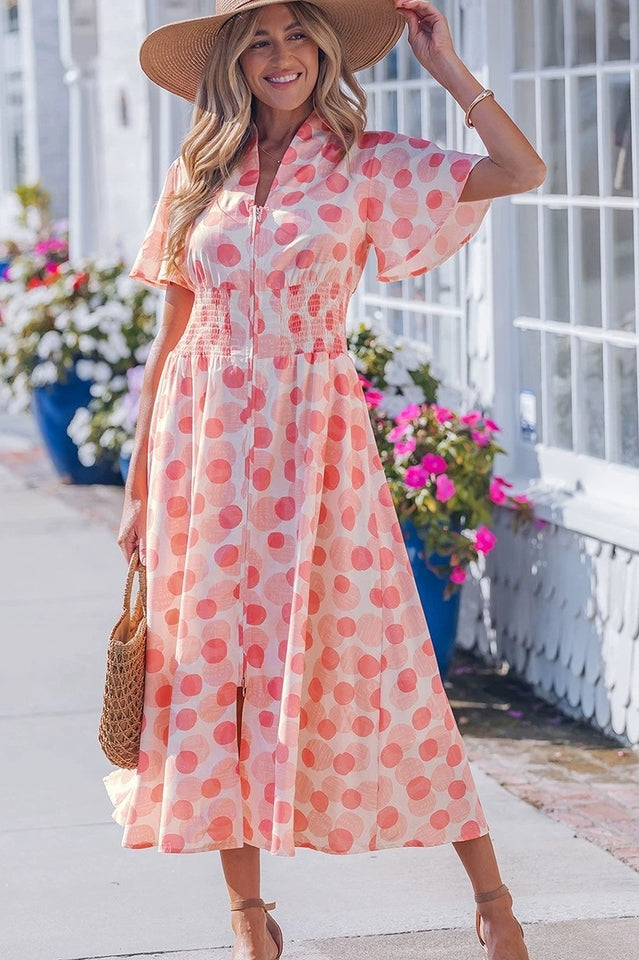 Pink Polka Dot Smocked Waist Midi Dress | Dress In Beauty