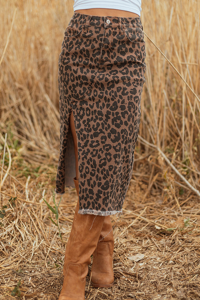 Leopard Denim Frayed Split Denim Midi Skirt | Dress In Beauty
