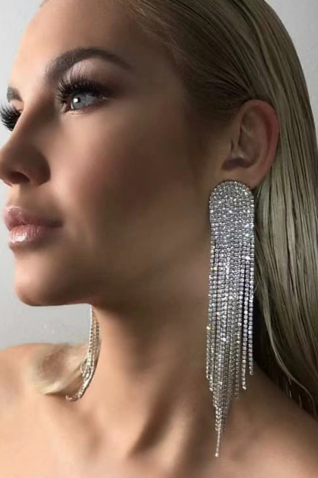 Angela Rhinestone Long Tassel Earrings | Dress In Beauty