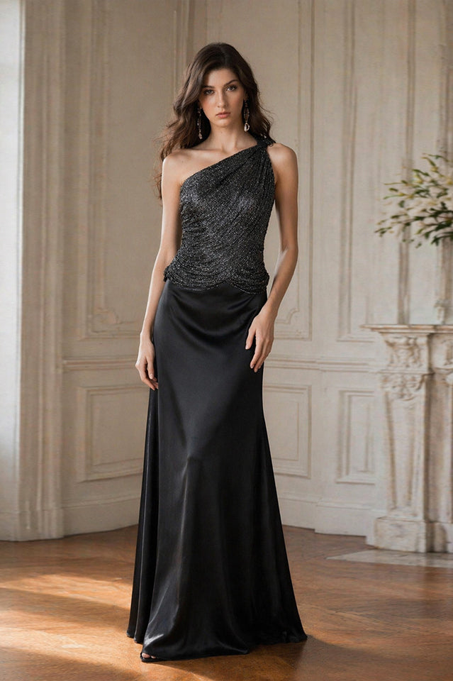 Black One-Shoulder Embellished Satin Evening Gown | Dress In Beauty
