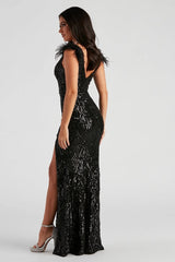 Elle Formal Sequin Feather Long Dress | Dress In Beauty
