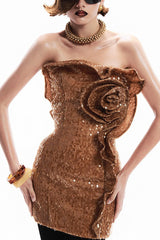 Strapless Sequin Floral Ruffle Dress