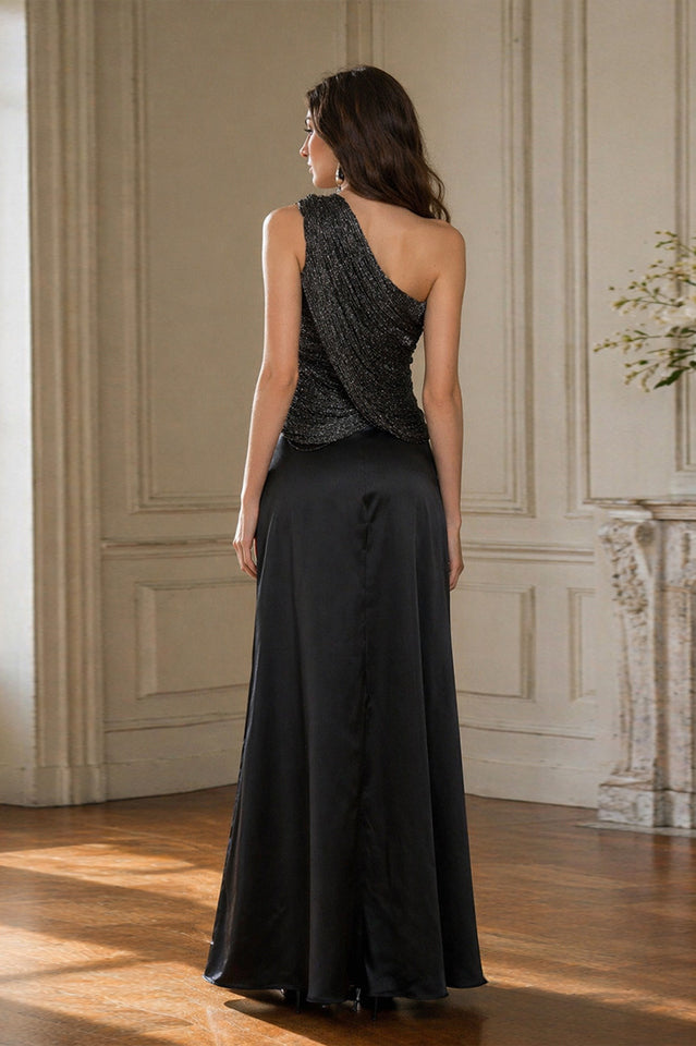 Black One-Shoulder Embellished Satin Evening Gown | Dress In Beauty