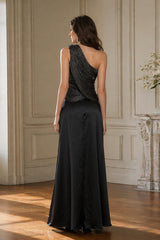 Black One-Shoulder Embellished Satin Evening Gown | Dress In Beauty