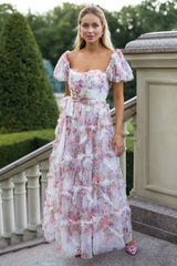 Floral Tulle Puff Sleeve Bow Tie Maxi Dress | Dress In Beauty