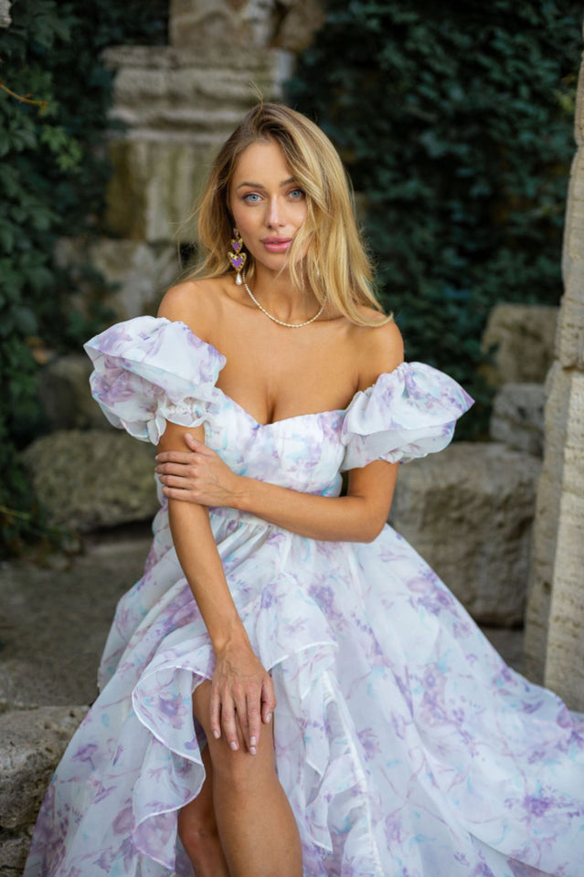 Puff Sleeve Floral Organza Layered Split Dress | Dress In Beauty