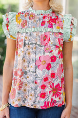 Floral Print Contrast Ruffle Trim Blouse