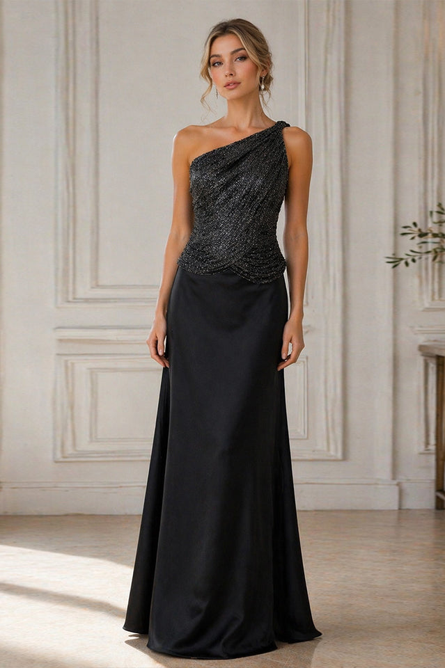 Black One-Shoulder Embellished Satin Evening Gown | Dress In Beauty