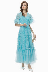 Ruffle Tiered Spotted Tulle Maxi Dress