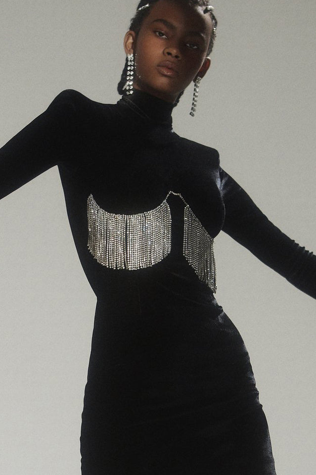 Black Crystal Fringe Velvet Mini Dress | Dress In Beauty