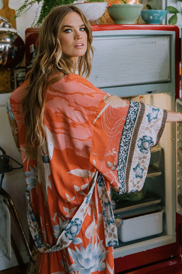 Floral Crane Print Kimono With Belt | Dress In Beauty