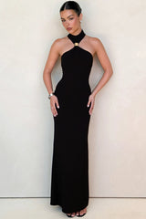 Golden Bead Trim Halter Sheath Dress