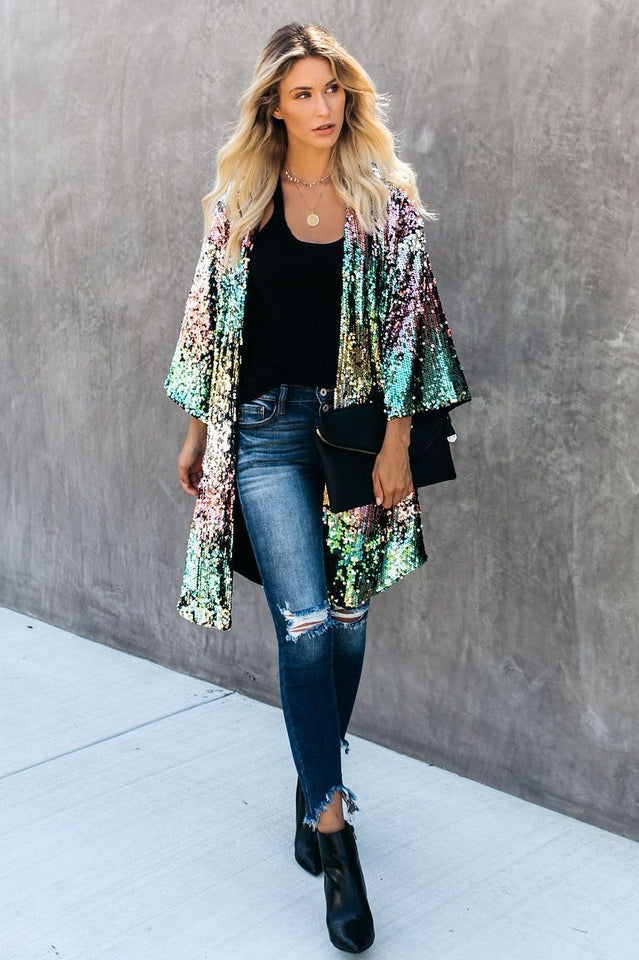 Colorful Mid-Length Sequin Cardigan | Dress In Beauty