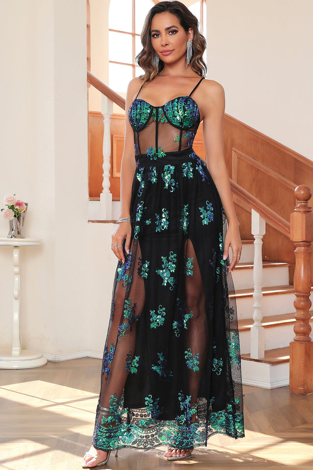 Mesh Sequin Floral Print Prom Dress | Dress In Beauty