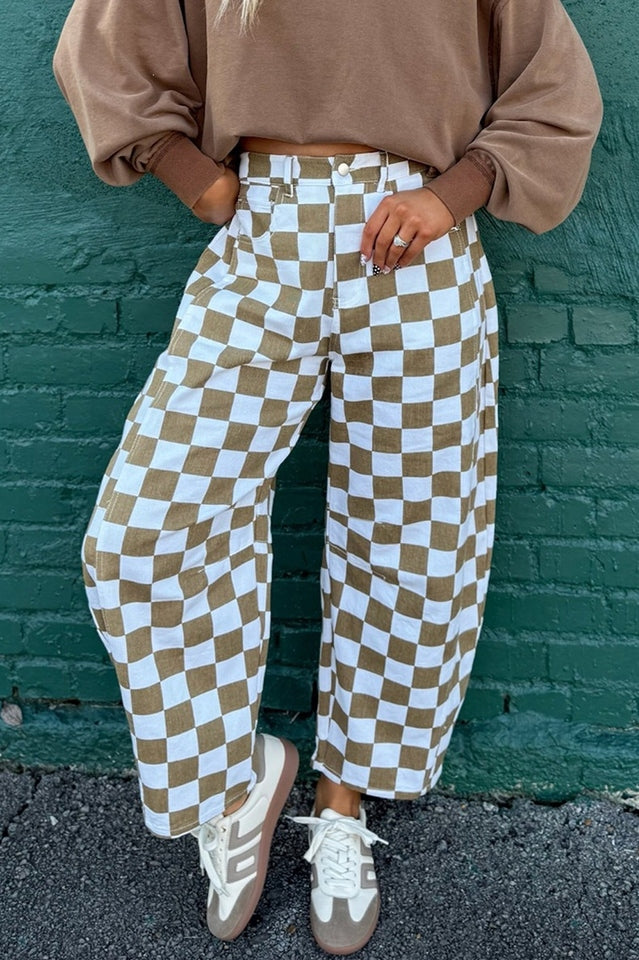 Mocha & White Checkered Barrel Leg Pants | Dress In Beauty