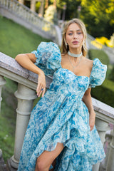 Puff Sleeve Floral Organza Layered Split Dress | Dress In Beauty