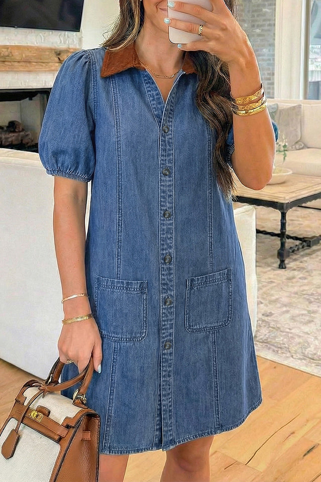 Corduroy Collar Puff Sleeve Denim Dress | Dress In Beauty