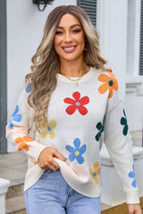 Flower Round Neck Long Sleeve Sweater | Dress In Beauty