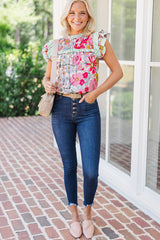 Floral Print Contrast Ruffle Trim Blouse