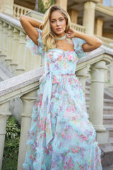 Floral Tulle Puff Sleeve Bow Tie Maxi Dress | Dress In Beauty