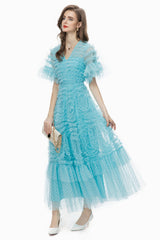 Ruffle Tiered Spotted Tulle Maxi Dress