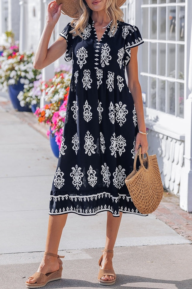 Printed Ruffle Sleeve Midi Dress | Dress In Beauty