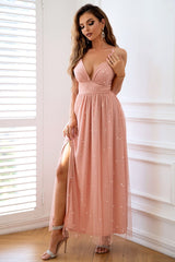 Rhinestone Ruched Split Thigh Cami Formal Dress