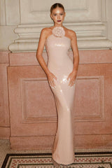 Glitter Rosette Halter Sequined Maxi Dress