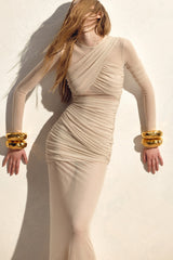 Long Sleeve Draped Mesh Maxi Dress