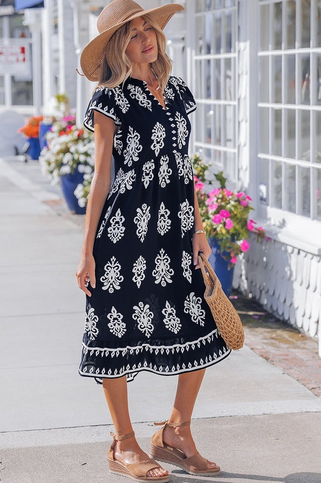 Printed Ruffle Sleeve Midi Dress | Dress In Beauty