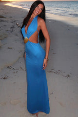 Blue Shell Trim Detail Maxi Dress
