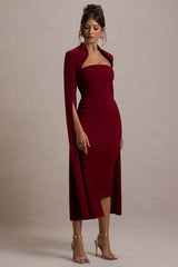 Berry Bodycon Cape-Sleeve Midi Dress