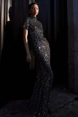 Square Rhinestone Mesh Midi Dress