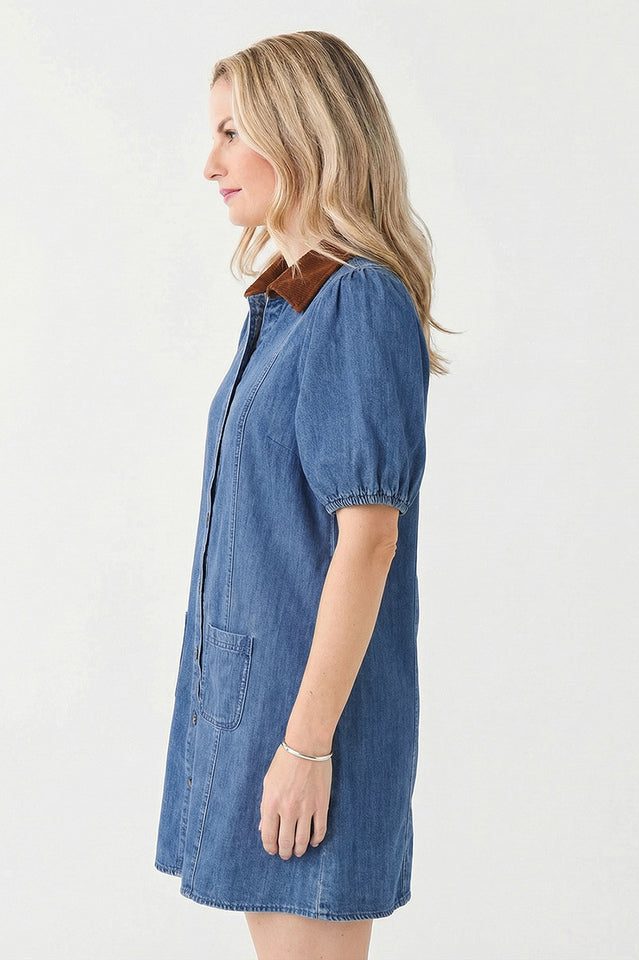 Corduroy Collar Puff Sleeve Denim Dress | Dress In Beauty