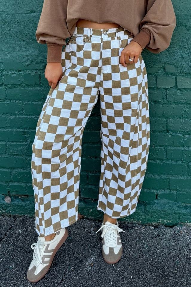 Mocha & White Checkered Barrel Leg Pants | Dress In Beauty