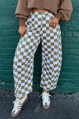Mocha & White Checkered Barrel Leg Pants | Dress In Beauty