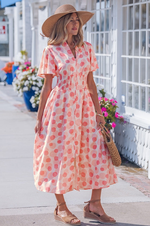 Pink Polka Dot Smocked Waist Midi Dress | Dress In Beauty