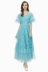 Ruffle Tiered Spotted Tulle Maxi Dress