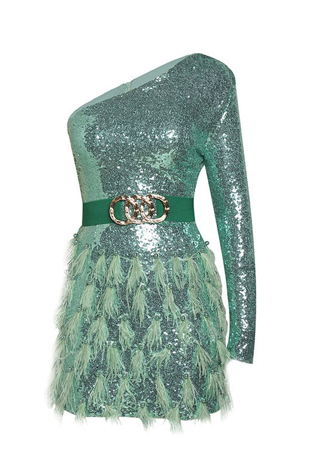 Daria One Shoulder Sequin Feather Dress | Dress In Beauty
