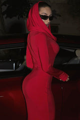 Solid Hooded Bodycon Maxi Dress