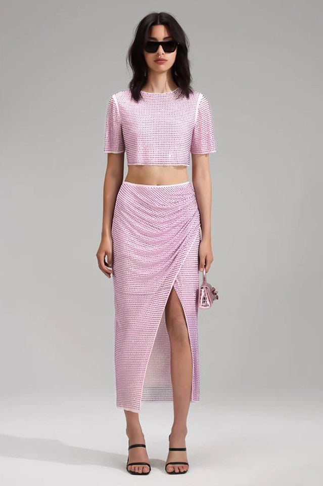 Pink Rhinestone Wrap Midi Skirt Set | Dress In Beauty