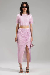 Pink Rhinestone Wrap Midi Skirt Set | Dress In Beauty