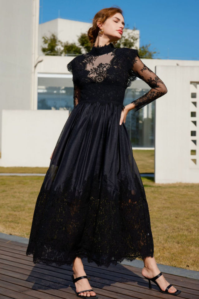black stitching lace dress Black Le Stretch Lace Long Sleeve Dress