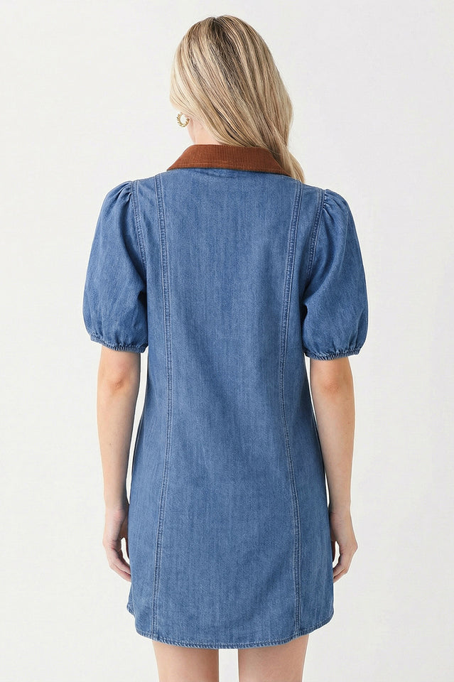 Corduroy Collar Puff Sleeve Denim Dress | Dress In Beauty
