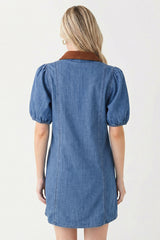 Corduroy Collar Puff Sleeve Denim Dress | Dress In Beauty