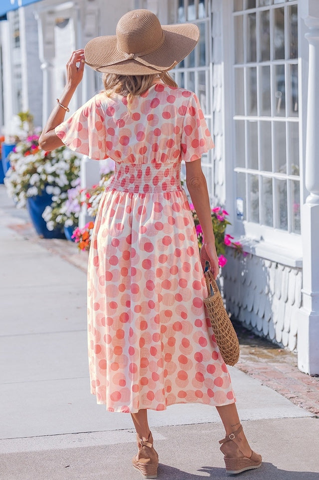 Pink Polka Dot Smocked Waist Midi Dress | Dress In Beauty