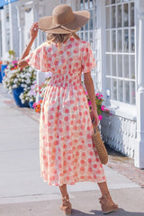 Pink Polka Dot Smocked Waist Midi Dress | Dress In Beauty